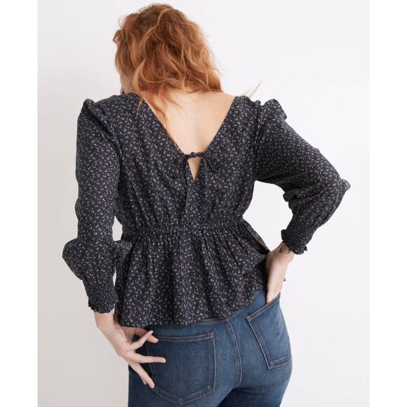 MADEWELL Tie-Back Peplum Top Womens Small Navy Blue Campden Daisies Floral Print - Picture 2 of 13